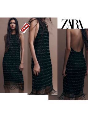 Zara Festive days limited collection black silver beaded fringe midi dress L NWT
